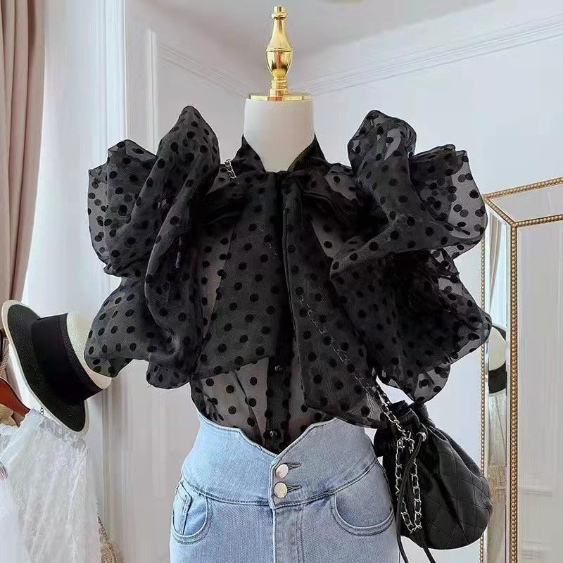 Short polka dot shirt women's bubble sleeve transparent organza top - Emete Store