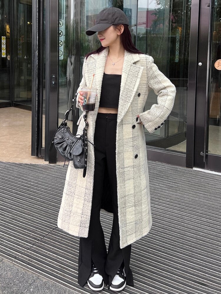 Loose Fit White Plaid Elegant Long Woolen Coat Parkas New Long Sleeve Women Fashion Trend Autumn Winter - Emete Store