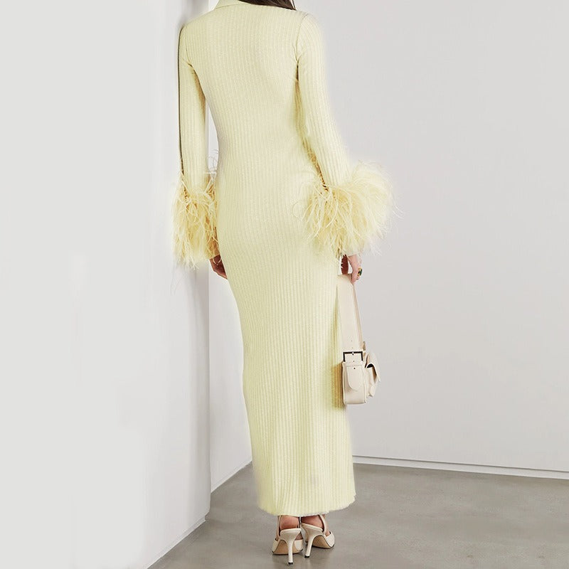 Elegant Bandage Long Sleeve Feather Design Party Dress