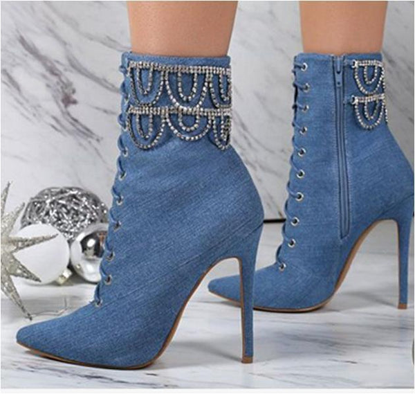 Rhinestone Chain Ankle Boots - Emete Store