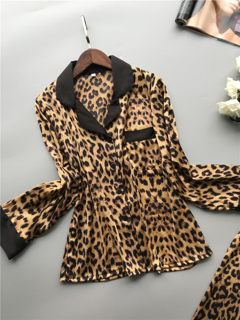 New Long Sleeve Pajamas Woman Ice Silk Fashion Leopard Print Sexy Pajama Set - Emete Store