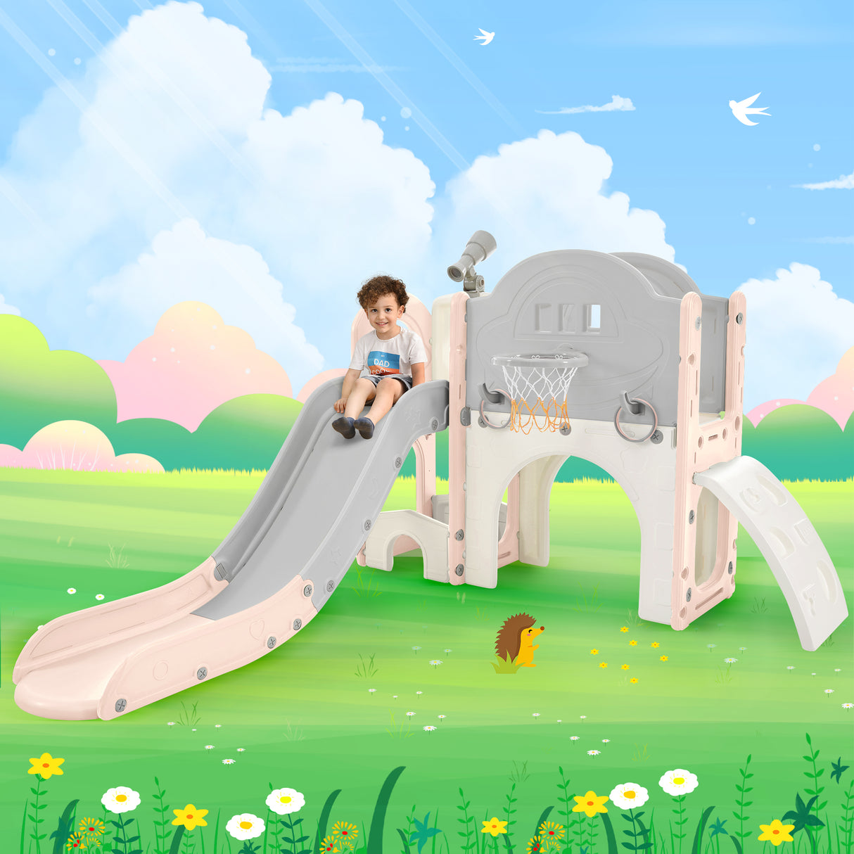 Kids Slide Playset Structure 7 in 1, Freestanding Spaceship Set with Slide, Arch Tunnel Pink+Grey + HDPE