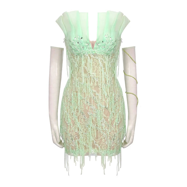 Beaded fringe light green strapless party dress - Emete Store