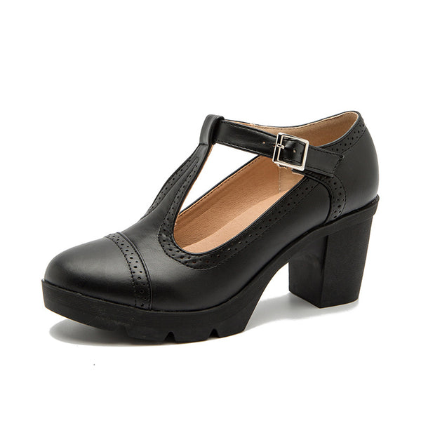 Soft Leather Mary Jane Shoes with Thick Heels - Emete Store