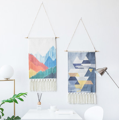 Indoor decor cotton printing geometric pattern hand-knotted tassels hippie wall hanging tapestry