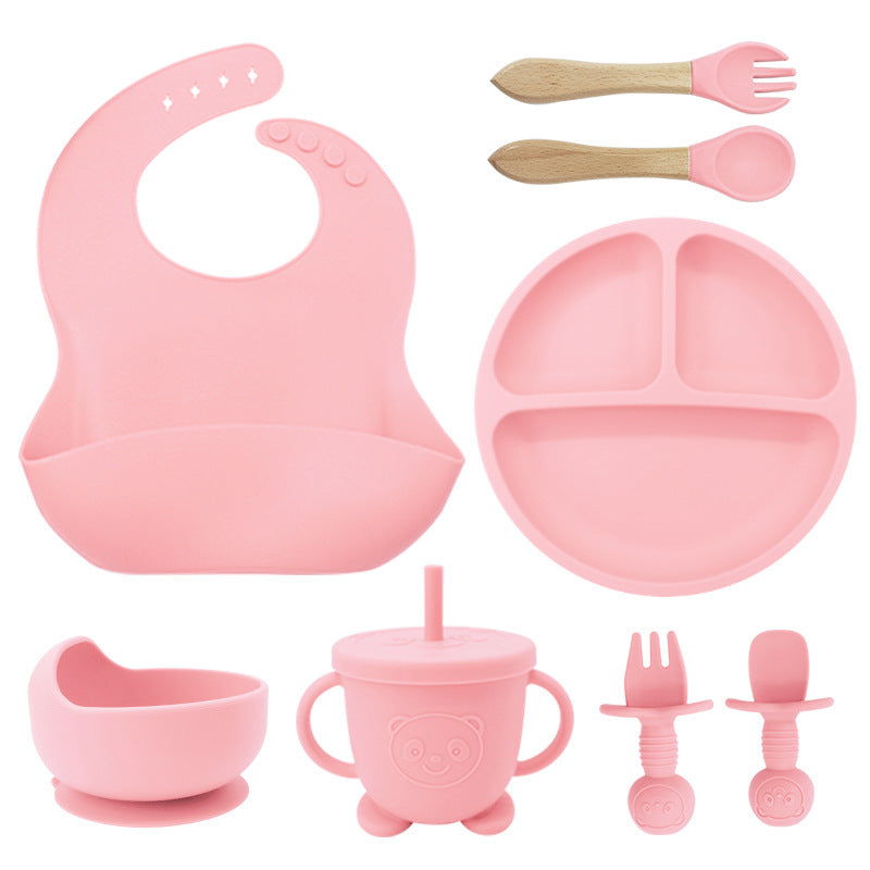 8PCS Mother and baby silicone bibs, silicone dinner plates, eight-piece set, baby food training suction cup bowl, baby divided tableware set - Emete Store