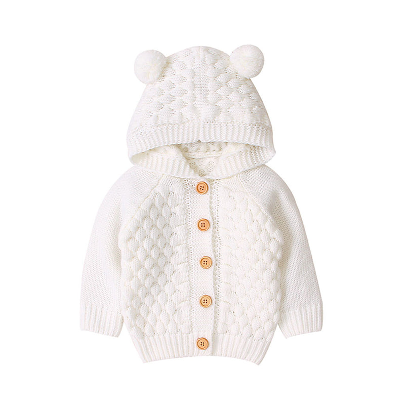 Children's solid color sweater three-dimensional wool ball hooded knitted jacket