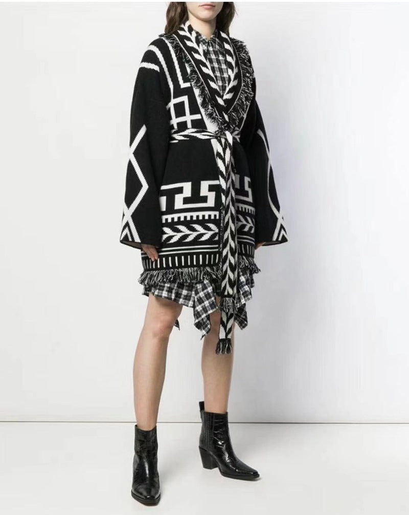 Black And White Geometric Jacquard Sweater Loose Lazy Retro Medium Long Cardigan Coat - Emete Store