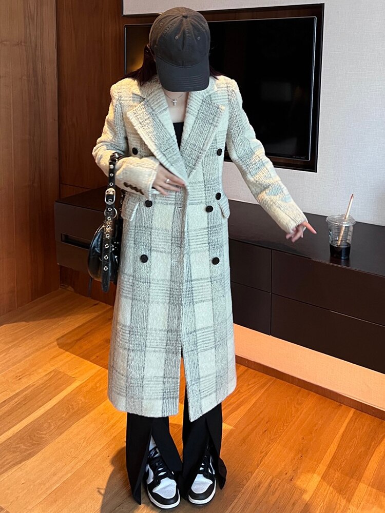 Loose Fit White Plaid Elegant Long Woolen Coat Parkas New Long Sleeve Women Fashion Trend Autumn Winter - Emete Store