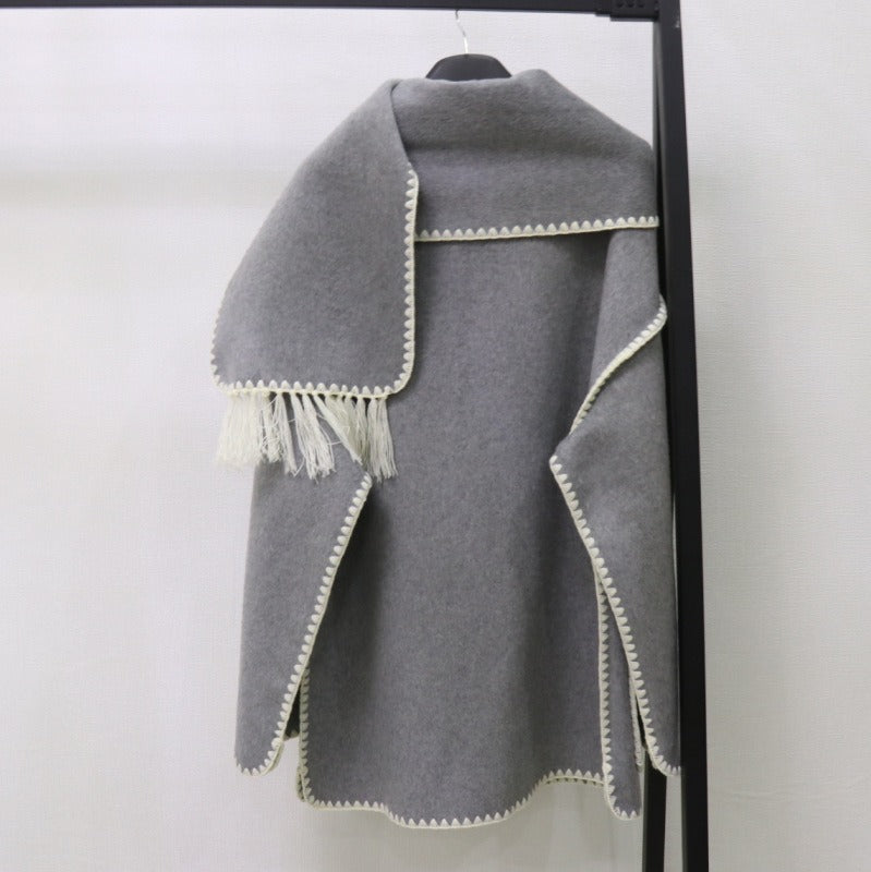 Embroidered Tassel Woven Scarf Knitted Loose Woolen Coat Women - Emete Store