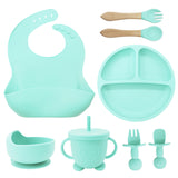 8PCS Mother and baby silicone bibs, silicone dinner plates, eight-piece set, baby food training suction cup bowl, baby divided tableware set - Emete Store