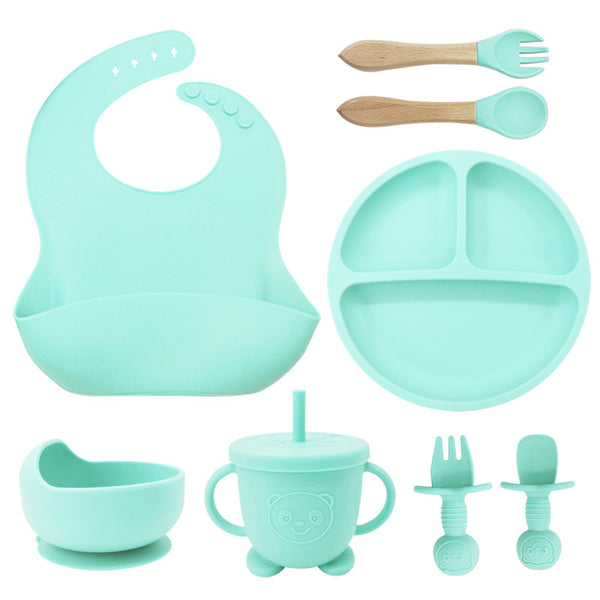 8PCS Mother and baby silicone bibs, silicone dinner plates, eight-piece set, baby food training suction cup bowl, baby divided tableware set