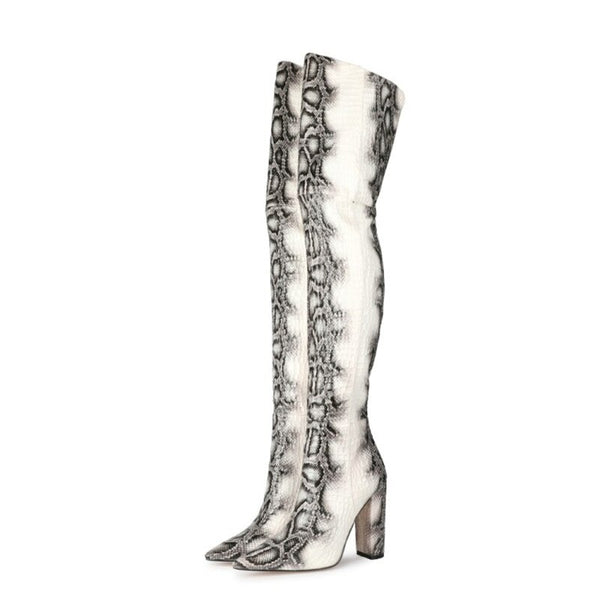 White Snake Print Over-the-Knee Boots - Emete Store