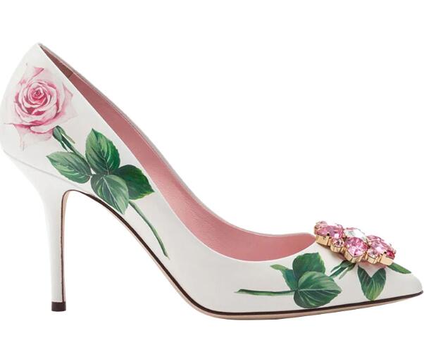 Crystal Flower High Heel Pumps in White Leather - Emete Store