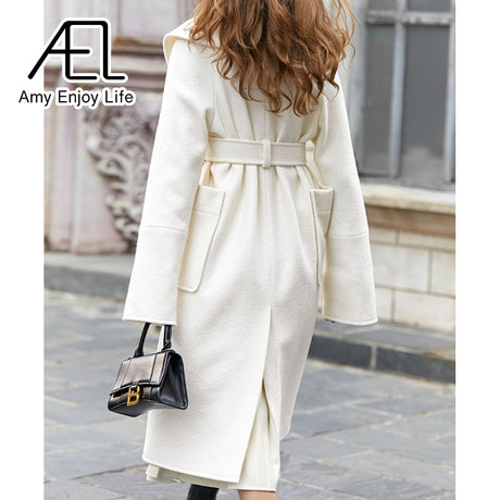 Retro Large Lapel White Tweed Jacket Female Winter New Waist Lacing Tweed Coat - Emete Store