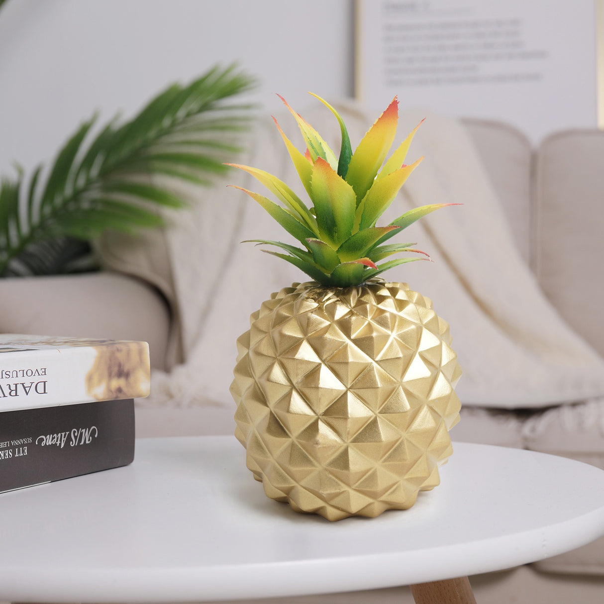 gold pineapple plant and green plant office desk decoration