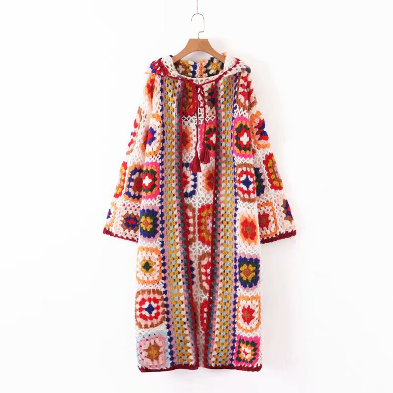 Autumn New Pure Handmade Crochet Hooded Long Sleeve Ethnic Style Jacquard Long Sweater Coat Women - Emete Store