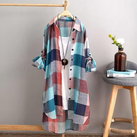 Sunscreen shirt women's medium length plaid shirt women's casual coat - Emete Store