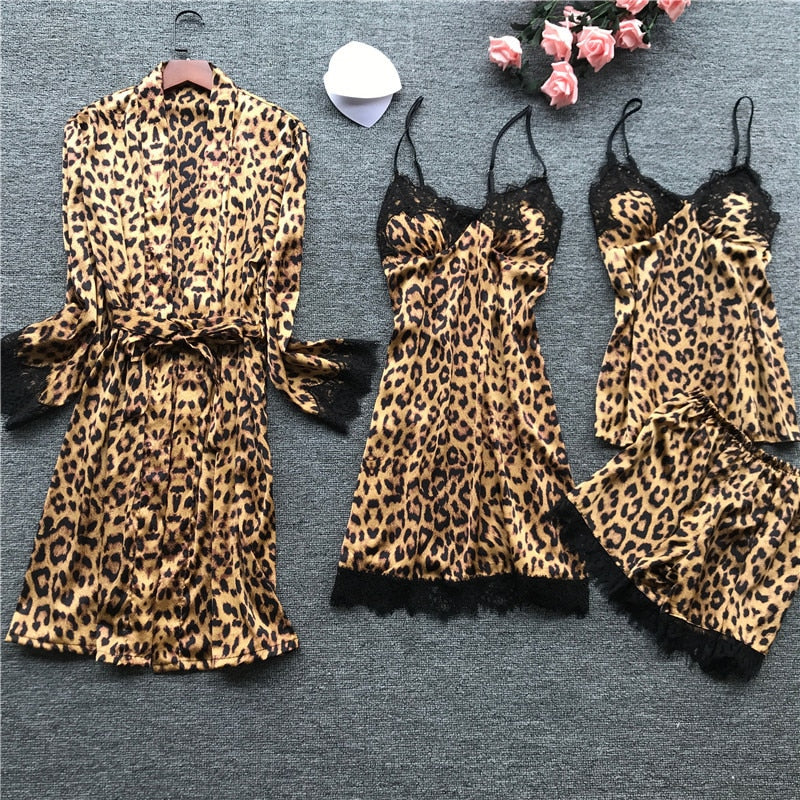 New Long Sleeve Pajamas Woman Ice Silk Fashion Leopard Print Sexy Pajama Set - Emete Store