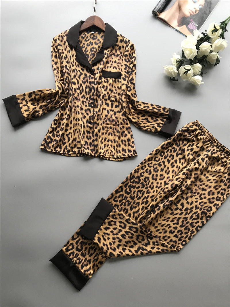 New Long Sleeve Pajamas Woman Ice Silk Fashion Leopard Print Sexy Pajama Set - Emete Store