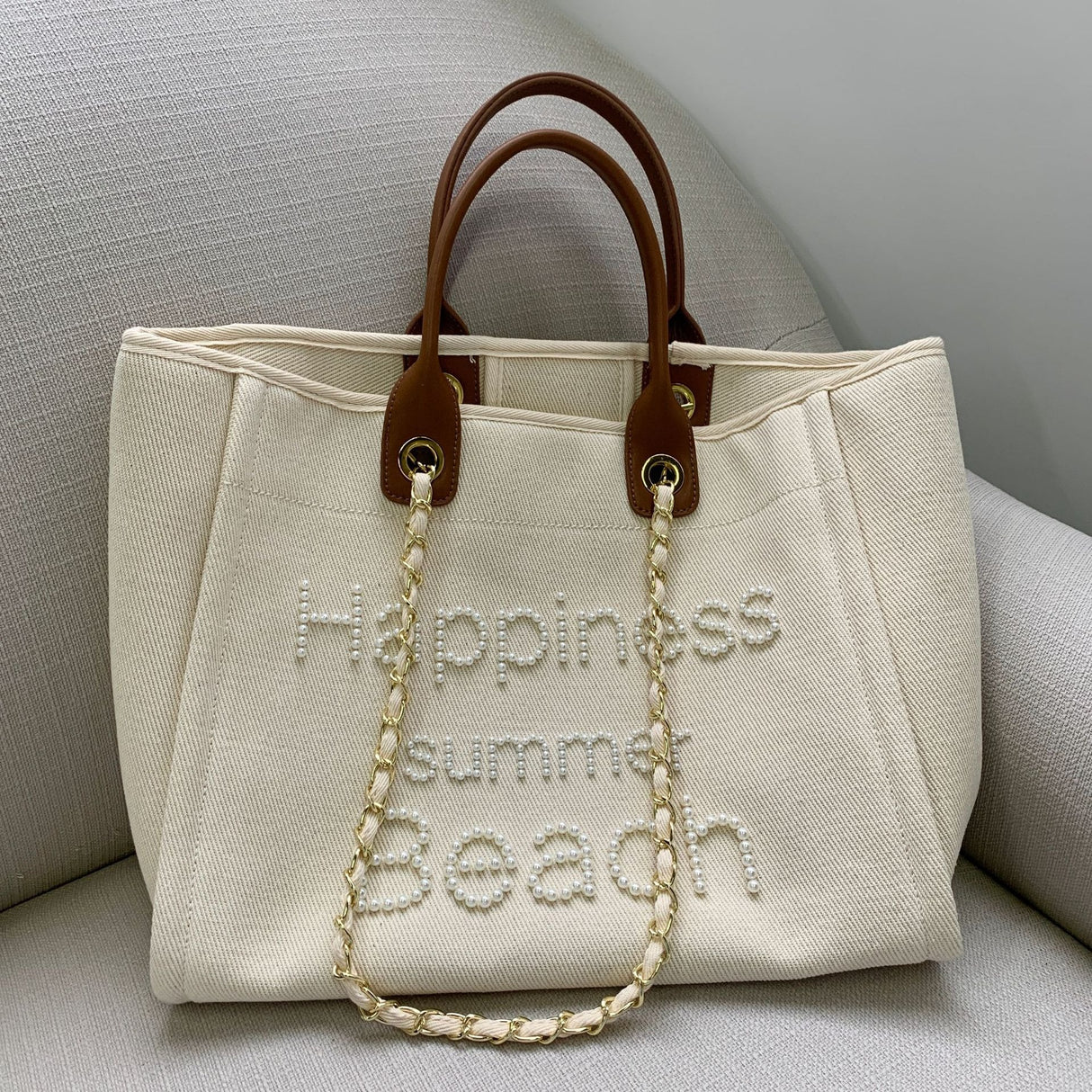 Canvas with genuine leather carrying chain pearl beach bag single shoulder tote women's bag