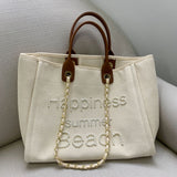 Canvas with genuine leather carrying chain pearl beach bag single shoulder tote women's bag