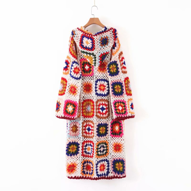 Autumn New Pure Handmade Crochet Hooded Long Sleeve Ethnic Style Jacquard Long Sweater Coat Women - Emete Store