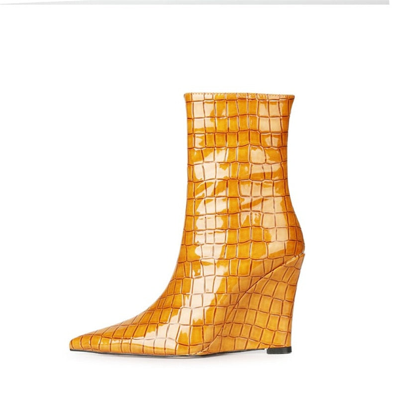 Neon Orange Crocodile Wedge Ankle Boots eprolo