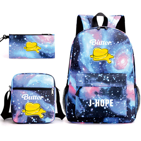 Bulletproof Youth League Butter Shoulder Starry School Bag Backpack Student Large Capacity Small Shoulder Bag Pencil Bag Three-Piece Set - Emete store