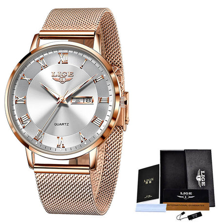 LIGE Ultra Thin Ladies Quartz Watch Classic Women's Watch Dual Calendar Waterproof Watch Milan Mesh Strap Watch - Emete store