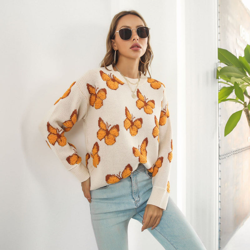 Three-Dimensional Butterfly Animal Jacquard Sweater Women's Loose Autumn And Winter Long Sleeve Sweater