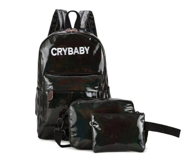 Holographic Laser Backpack Embroidered Crybaby Letters Hologram Backpack set School Bag +shoulder bags +penbags 3pcs/set