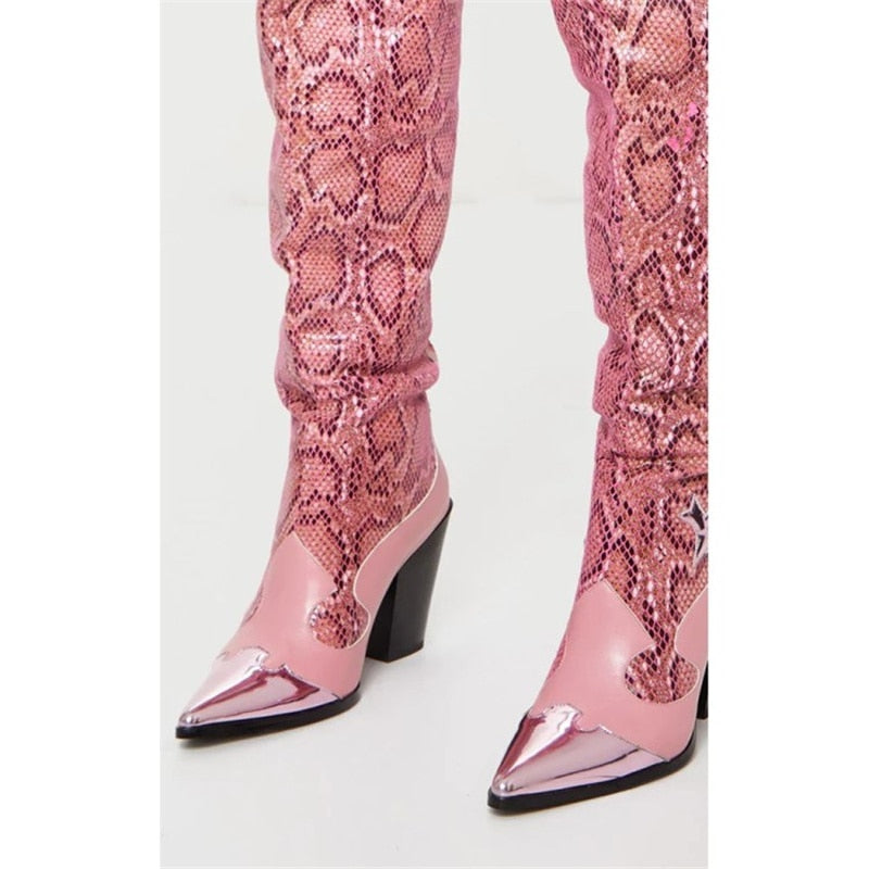Handmade Pink Snake Skin Over-the-Knee Boots eprolo