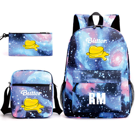 Bulletproof Youth League Butter Shoulder Starry School Bag Backpack Student Large Capacity Small Shoulder Bag Pencil Bag Three-Piece Set - Emete store