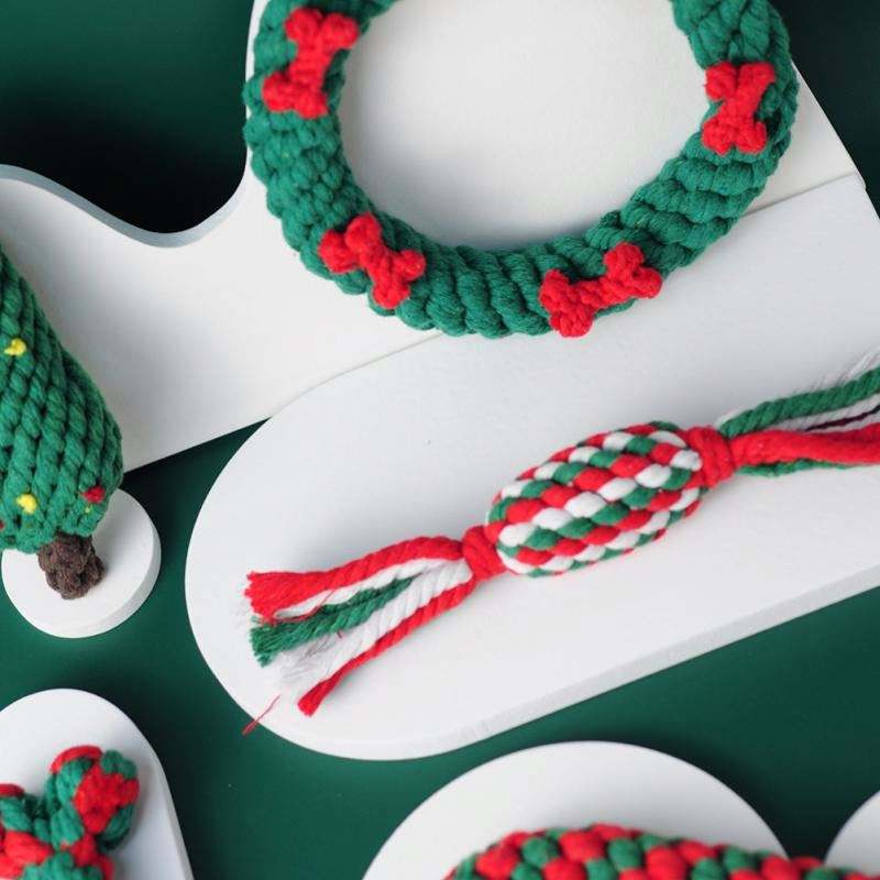 Christmas Pet Cotton Rope Toy Cane Tooth Cleaning Dog Tooth Grinding Toy Bite Resistant Knot Dog Toy Set - Emete store