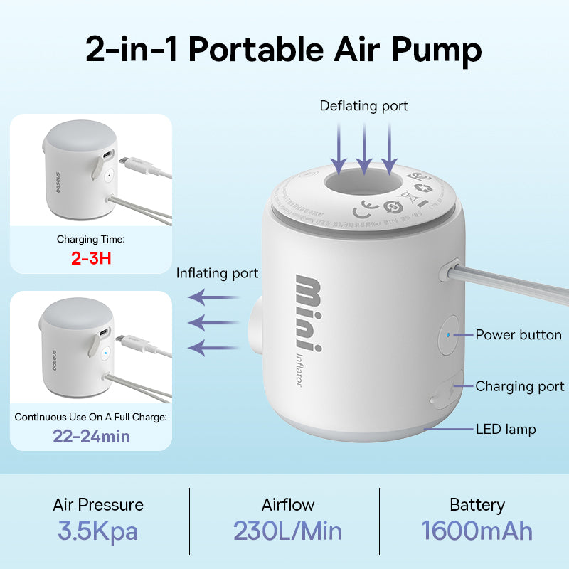 Baseus Portable Air Pump Electric Air Compressor for Air Mattresses Beds Inflatable Mats Pool Floats Camping Inflate Deflate