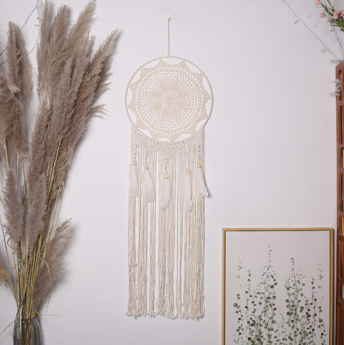 Nordic Creative Hook Flower Dream Catching Net Feather Wind Chime Pendant Home Decor Entrance Decoration Wedding Background