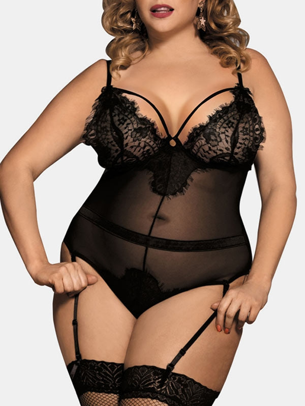 Plus Size Lace Insert Mesh Lingerie Teddy - Emete Store