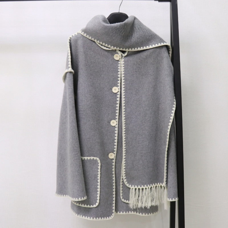 Embroidered Tassel Woven Scarf Knitted Loose Woolen Coat Women - Emete Store