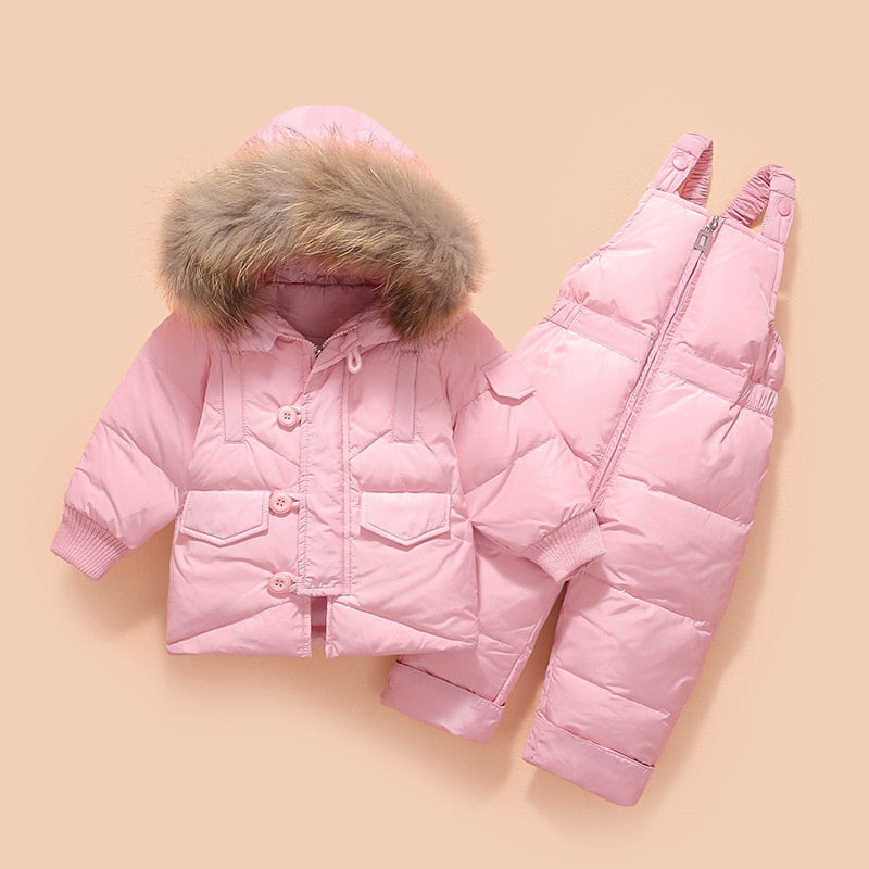 Winter Baby Boys Snowsuits Children's Down Jacket with Big Fur Hooed 4 Solid Colors with Zipper kids Down Jacket Set 2pcs