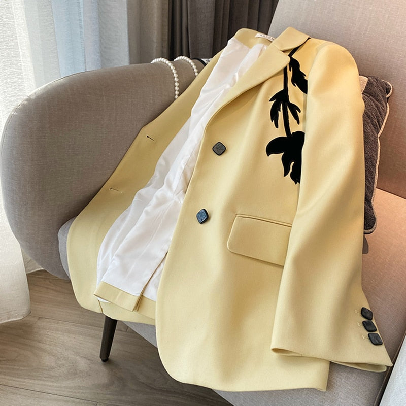 Tingfly Designer Fashion Embroidery Single Breasted Women Jacket Coats Chic Yellow Color Spring Autumn Street Blazers Outerwear