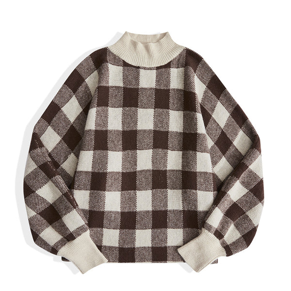Autumn And Winter Asian Size Women's Half High Collar Plaid Sweater Color Matching Long Sleeve Sweater Women