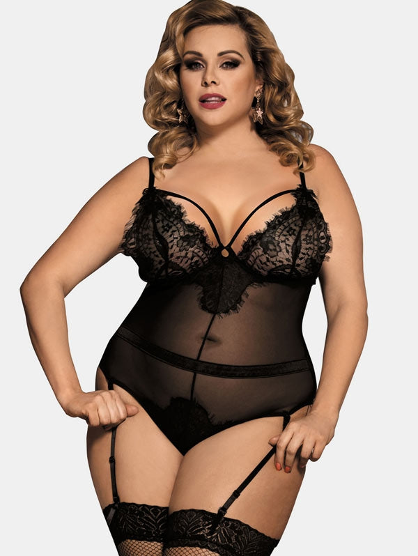 Plus Size Lace Insert Mesh Lingerie Teddy - Emete Store