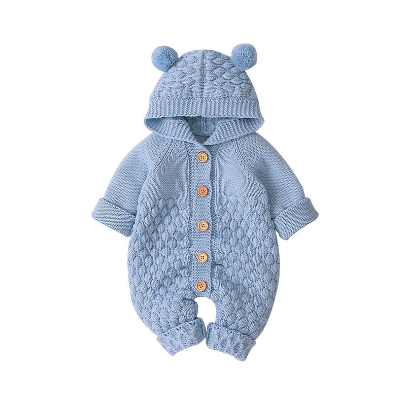 Children's three-dimensional fur ball hooded solid color knitted jumpsuit