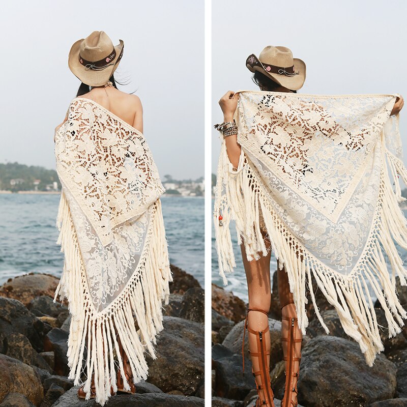 Light Fringed Shawl With Tassels Summer Sun Protection Beach Vacation Hollowed Out Lace Sun Protection Shirt For Women Medium Length - Emete Store