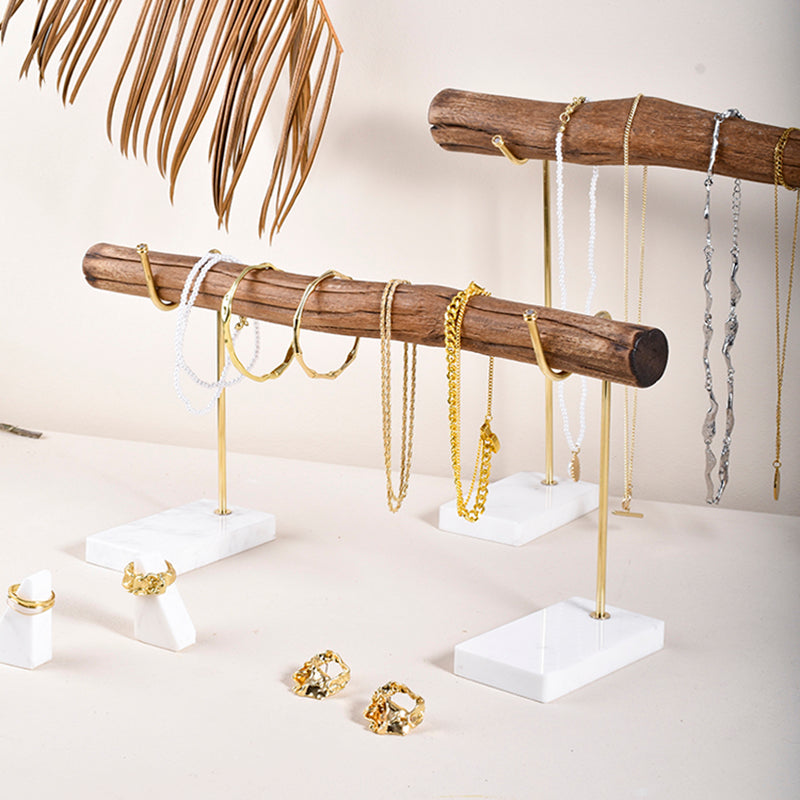 Bracelet Storage Rack Natural Wood And Brass Marble Base Necklace Display Rack - Emete Store