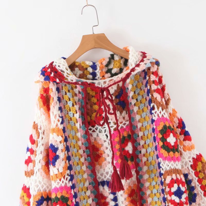 Autumn New Pure Handmade Crochet Hooded Long Sleeve Ethnic Style Jacquard Long Sweater Coat Women - Emete Store