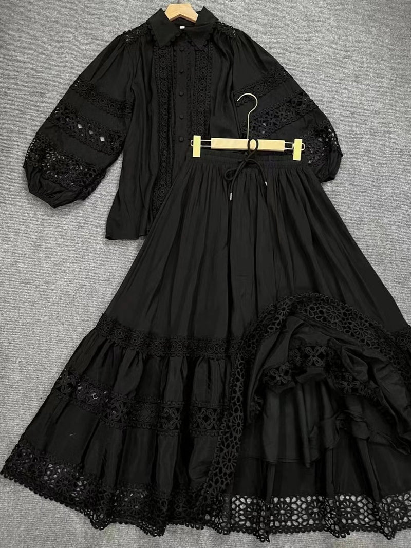 Collar splicing lace lantern sleeve shirt+high waisted skirt cover - Emete Store