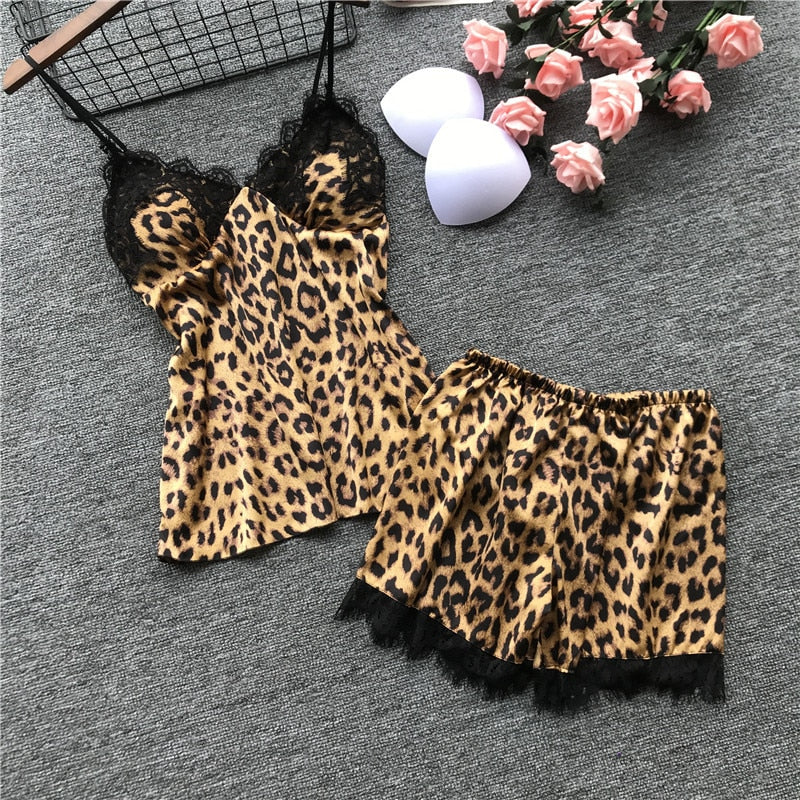 New Long Sleeve Pajamas Woman Ice Silk Fashion Leopard Print Sexy Pajama Set - Emete Store