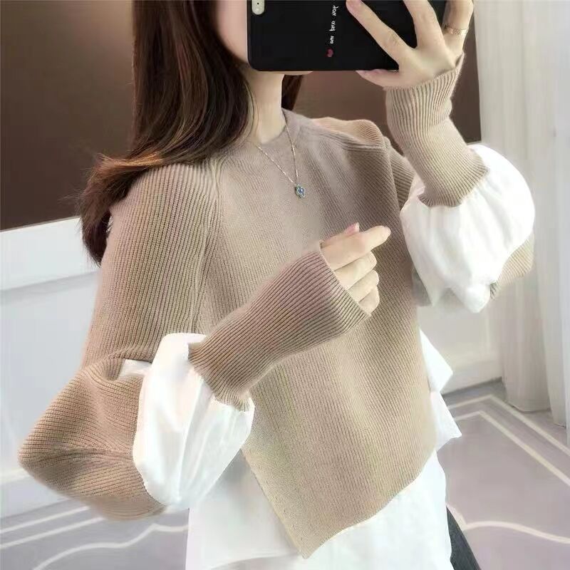 Women's Sweater Splicing Shirt Fake Two-Piece Set Female Temperament Knitted Tops - Emete Store